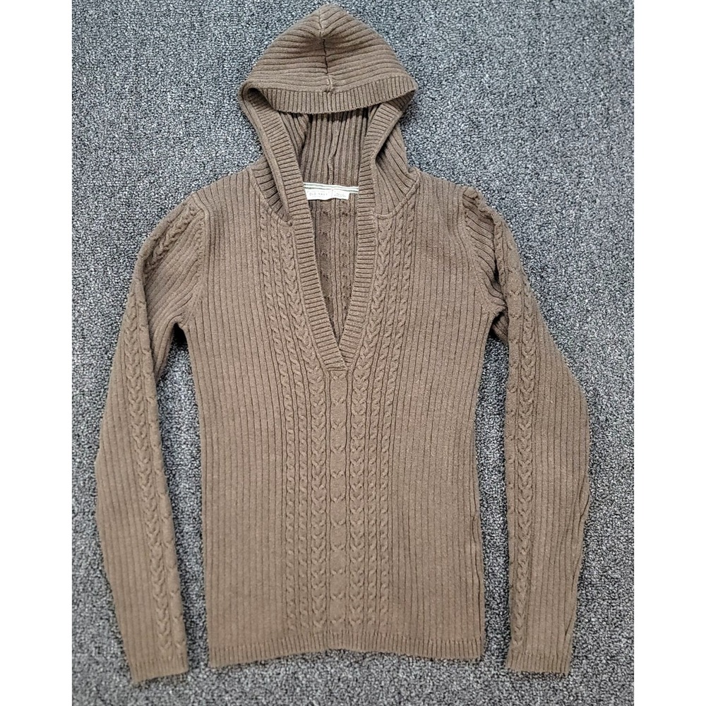 Old Navy Sweater Womens M Brown Cable Knit Hooded Deep V Neck Y2K Fitted